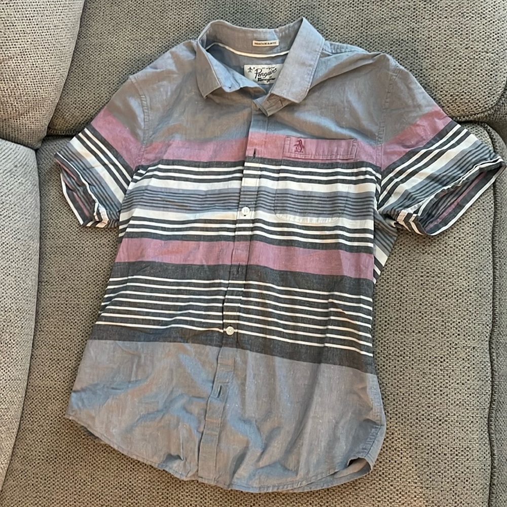 An Original Penguin Mens S Heritage Slim Fit Shirt Striped Color Block Button Up